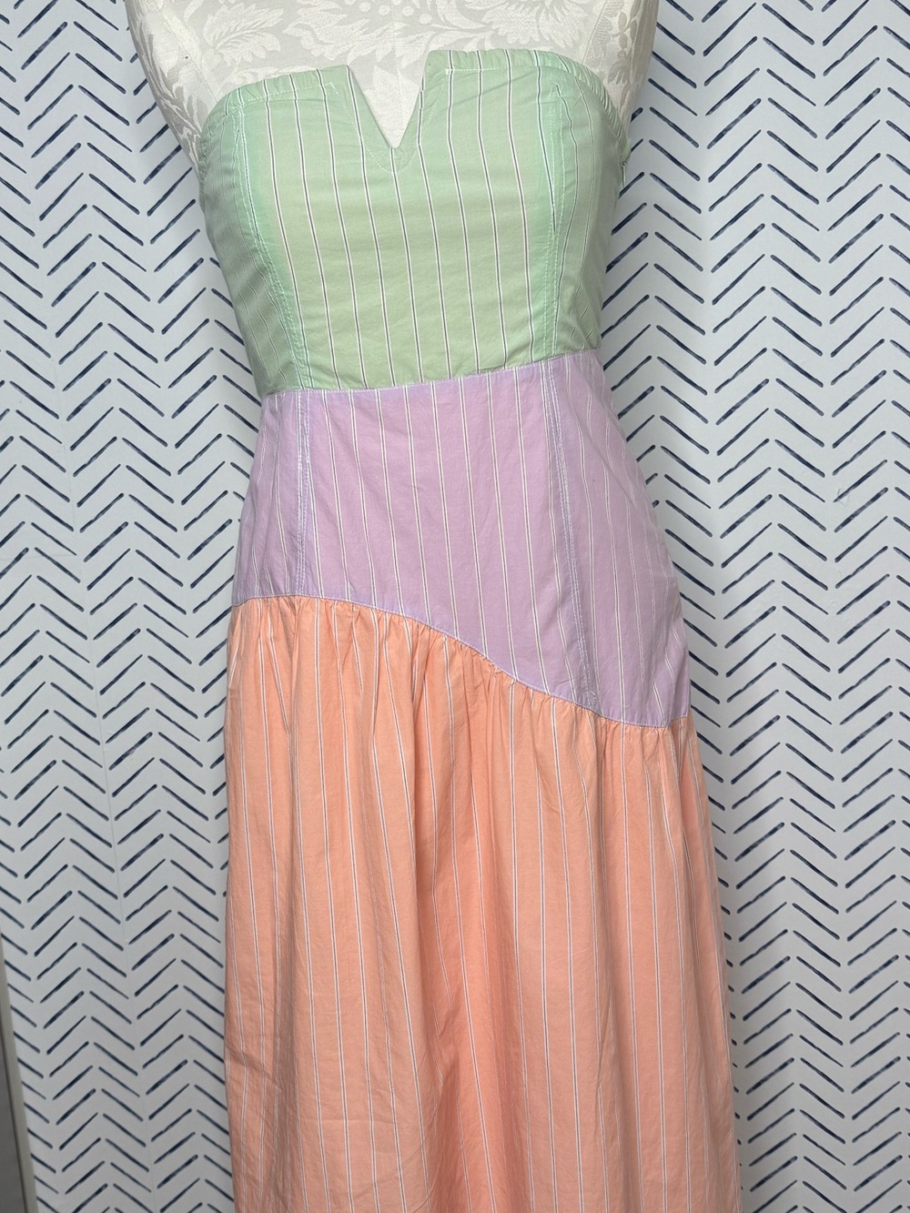 Maeve Strapless Colorblock Pinstripe Midi Dress small pink purple green - Picture 10 of 10